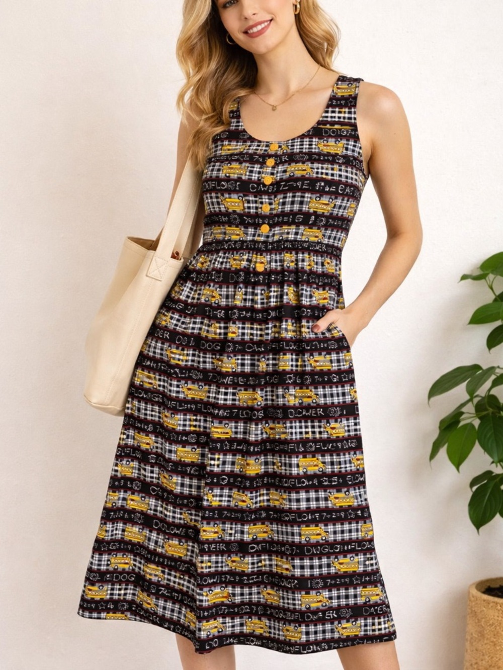 Vintage Black Plaid Midi Dress with Yellow Accents